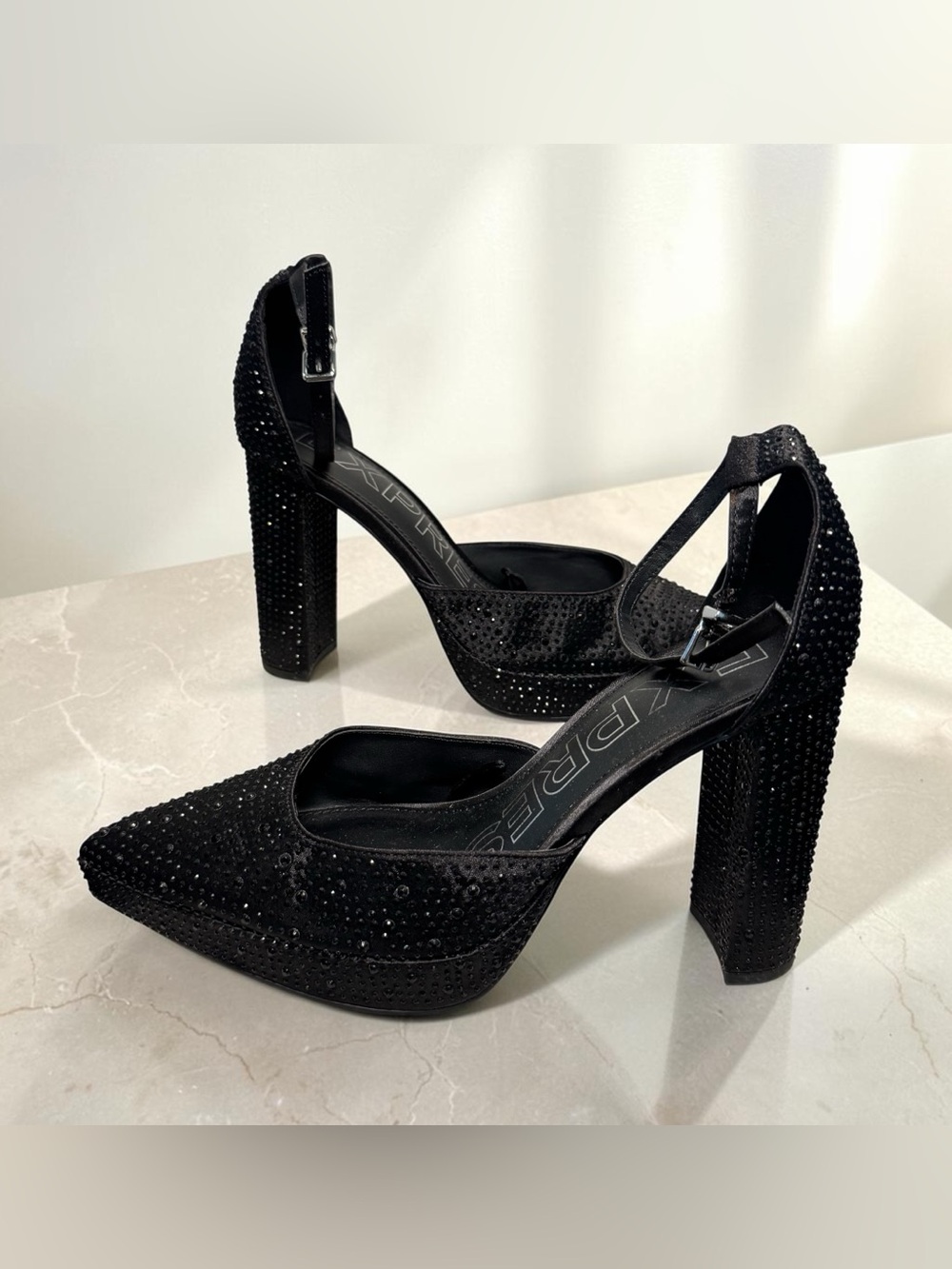 Express Black Embellished sparkling High Heel Pumps with Ankle Strap, size 10,